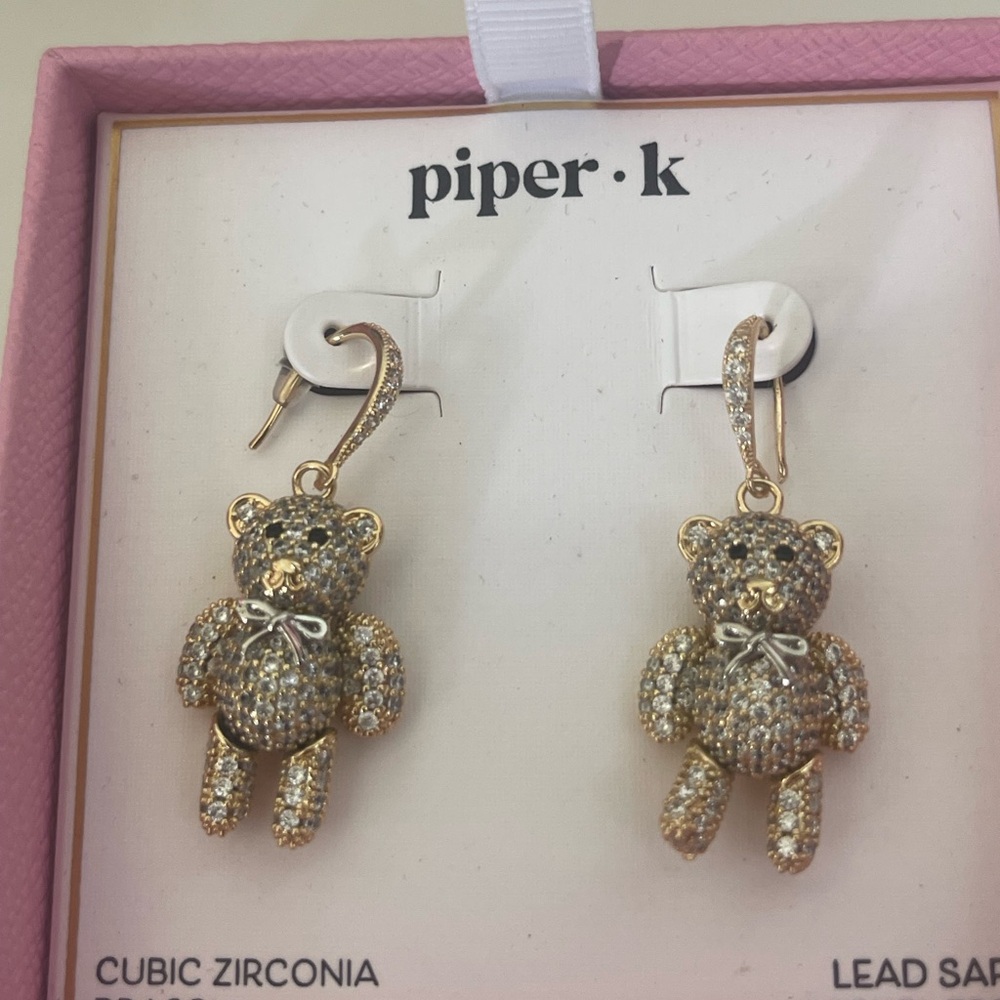 Piper K. Gold Tone Crystal Teddy Bear Drop Earrings - Picture 4 of 6